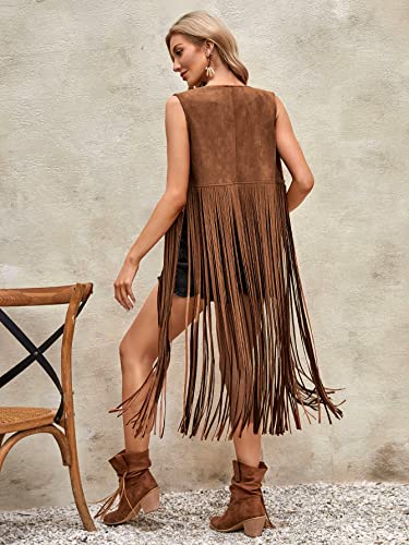 Verdusa Women's Studded Fringe Vest Hippie Sleeveless Open Front Suede Cardigan Coffee Brown L #TOP1