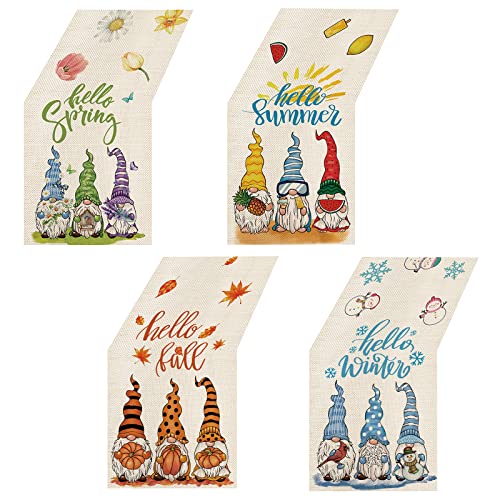 YOVOYOA 4 Pcs Cute Gnomes Table Runner 72 Inches Long, Spring Table Runner Seasonal Summer Table Decor, Fall Winter Dining Table Decor Burlap Table Runner for Kitchen Farmhouse Home Party