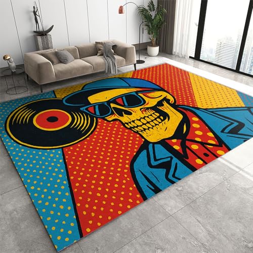 HYGIUID Pop Art Skull Paillasson 60 x 90 cm Mode Lunettes de Soleil Squelette Tapis de Cuisine Tapis de Cuisine Record Element Skull Intérieur Salle de Bain Extérieur Paillasson Lavable pour Couloir