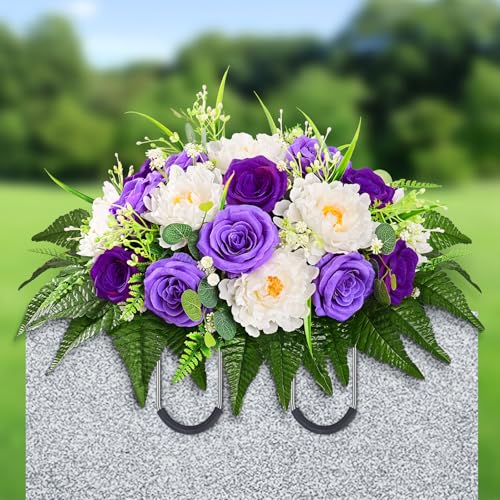 Yastouay Headstone Flower Saddle, Artificial Cemetery Flowers for Grave, Realistic Memorial Day Flowers with Peony Rose, UV Resistant Grave Decorations for Cemetery, Easter Mother’s Day (Purple)
