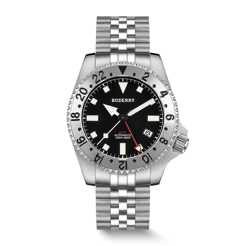 BODERRYMen's Watch Titanium Automatic 200M Waterproof Diver Watch with GMT Automatic Movement and Titanium Bracelet—Admiral