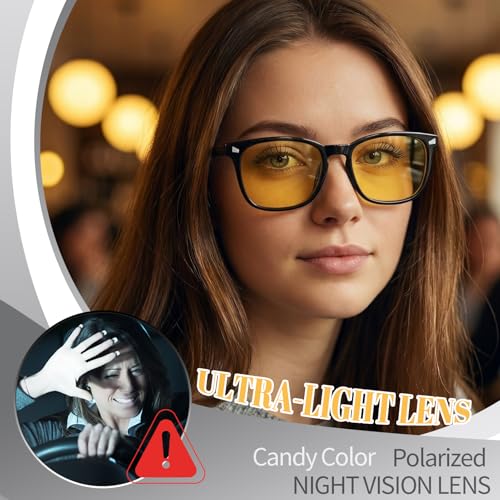 Image of Polarized Sunglasses for Women Men Night Vision Glasses Anti Glare | Yellow Anti Glare UV400 Lens, Lightweight Square Frame, for Day Night Use, Driving, Fishing, Cycling, Traveling