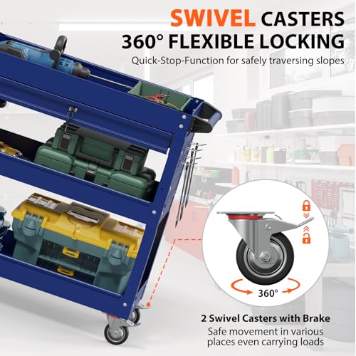 Image of 3 Tier Heavy Duty Rolling Tool Cart with Drawers, Large Storage Utility Cart on Wheels for Garage, Warehouse, Repair Shop (Deep Blue)