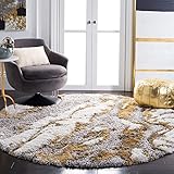SAFAVIEH Horizon Shag Collection Area Rug - 8' Round, Grey & Gold, Modern Abstract Design, Non-Shedding & Easy Care, 2.6-inch Thick Ideal for High Traffic Areas in Living Room, Bedroom (HZN890D)