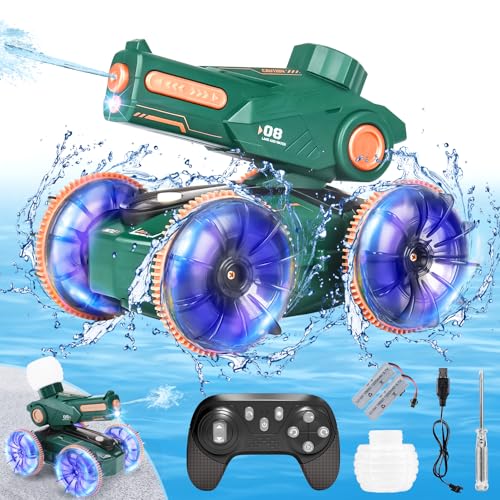 Coche Teledirigido Anfibio Niños, 2.4Ghz Coche Teledirigido Impermeable 360° Roating All Terrain RC Coche con 2 Baterías, Luces LED, Barcos de Control Remoto Navidad Juguete para 4,6,8,10 Años