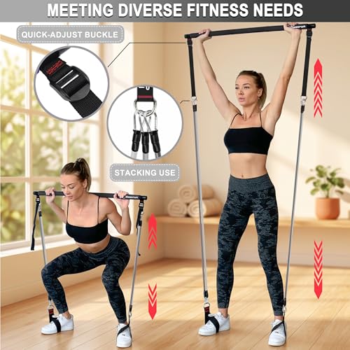Image of Goocrun Portable Pilates Bar Kit with Resistance Bands for Men and Women - 3 Set Exercise Resistance Bands - Multifunctional Home Gym - Supports Full-Body Workouts - with Fitness Poster and Video