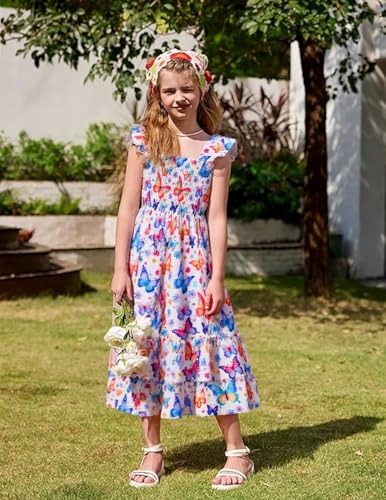 Little Girls Dresses Casual Summer Dress Ruffle Sleeve Floral Tiered Sundress Smocked Shirred Party Dress 3-10 Years3