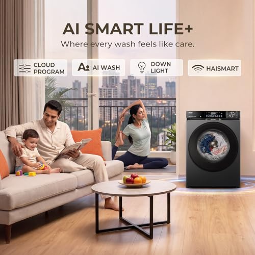 Image of Haier 12 Kg, 5 Star, AI Smart LIFE+, Hygienic Care, ABT, 525 mm Super Drum, Refresh, Direct Motion Motor, WiFi enabled, Fully Automatic Front Load Washer (EFL120-DM14F5ES8U1 | Dark Jade Silver)
