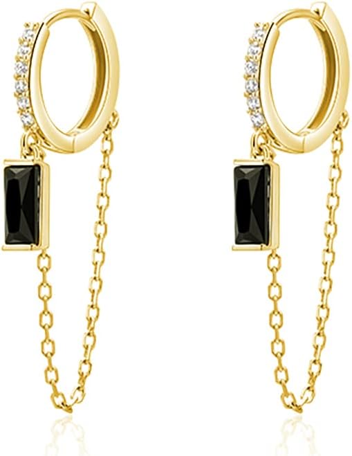 SLUYNZ 925 Sterling Silver Dangle Hoop Earrings for Women Minimalist Black CZ Hoop Earrings Tassel Chain