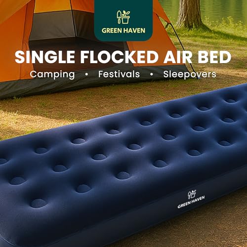 Green Haven Single Flocked Airbed – Lightweight Inflatable Camping Mattress with Waterproof Flocked Top – Portable Single Air Bed for Adults & Kids – Ideal for Festivals, Camping & Guest Use - Image 3