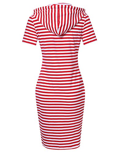 MISSKY Women's Short Sleeve Pullover Stripe Keen Length Slim Hoodie Dresses with Kangaroo Pocket for Sport Causal for Spring Summer Autumn, Red White, Medium