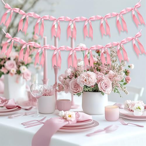 Image of 2pcs Bow Garland Banner Ribbon Bow Party Decorations for Baby Shower Decor Tying The Knot Girls Bow Coquette Birthday Party Decoration (Pink)