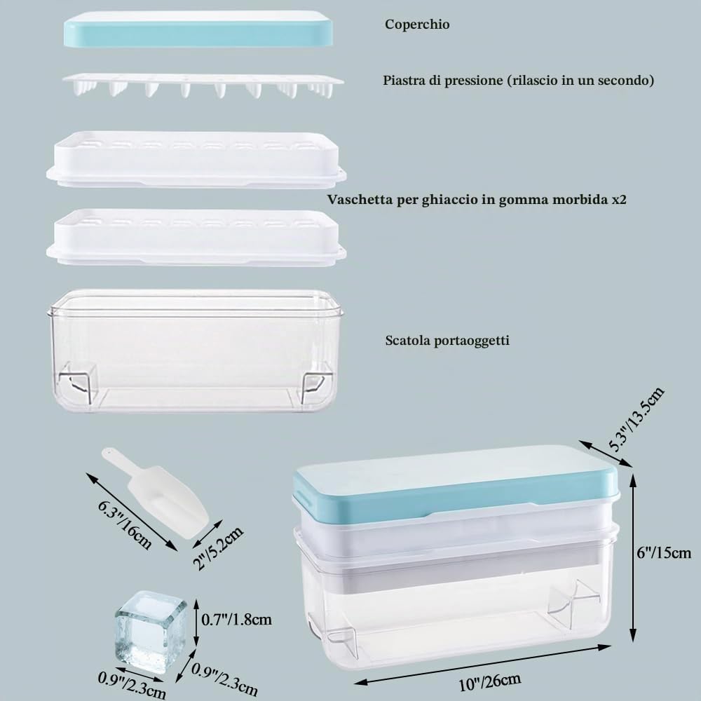 1 Secondo Demould - Vassoio per cubetto di ghiaccio con coperchio e cestino, le stampi per ghiaccio a 2 livelli producono 64 cubi di ghiaccio, Compreso lo scoop (Blu)