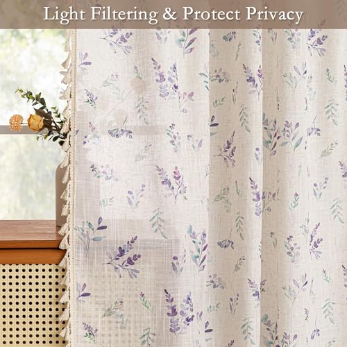 Image of MYSKY HOME Floral Linen Boho Curtains 96 Inches Length for Living /Dining Room Spring Vintage Farmhouse Printed Light Filtering Window Curtain Panels with Tassel Back Tab, W50, Purple, Pack-2