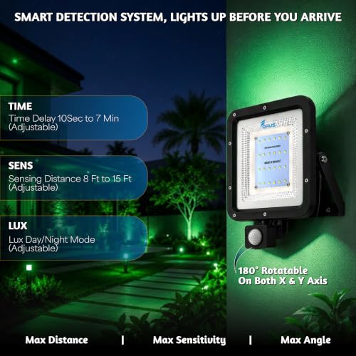 Image of Forus 20W LED Flood Light Green with Motion Sensor Auto On Off Day Night Mode Waterproof Outdoor Security Light for Garden Parking Garage Factory Warehouse High Bright Floodlight 4Yr Warranty-1Pc
