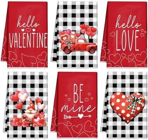 Mixweer 6 Pcs Valentine’s Day Kitchen Towels 16 x 24 Inch Red Heart Gnome Dish Towels Buffalo Plaid Hand Towels Valentines Truck Tea Towels Dish Cloths for Valentine’s Day Kitchen Bathroom Decor
