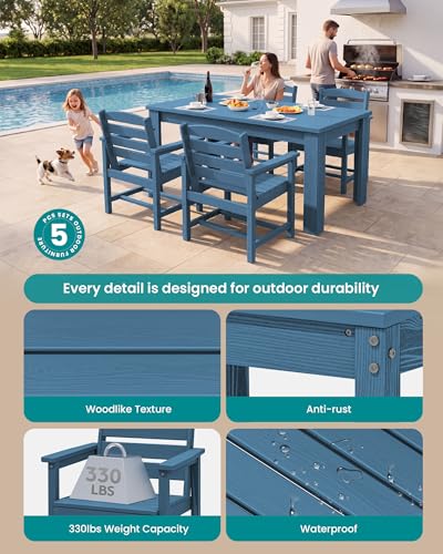Image of SERWALL 59 inch HDPE Outdoor Dining Set for 4, w / 1 Table & 4 Armchairs, Blue