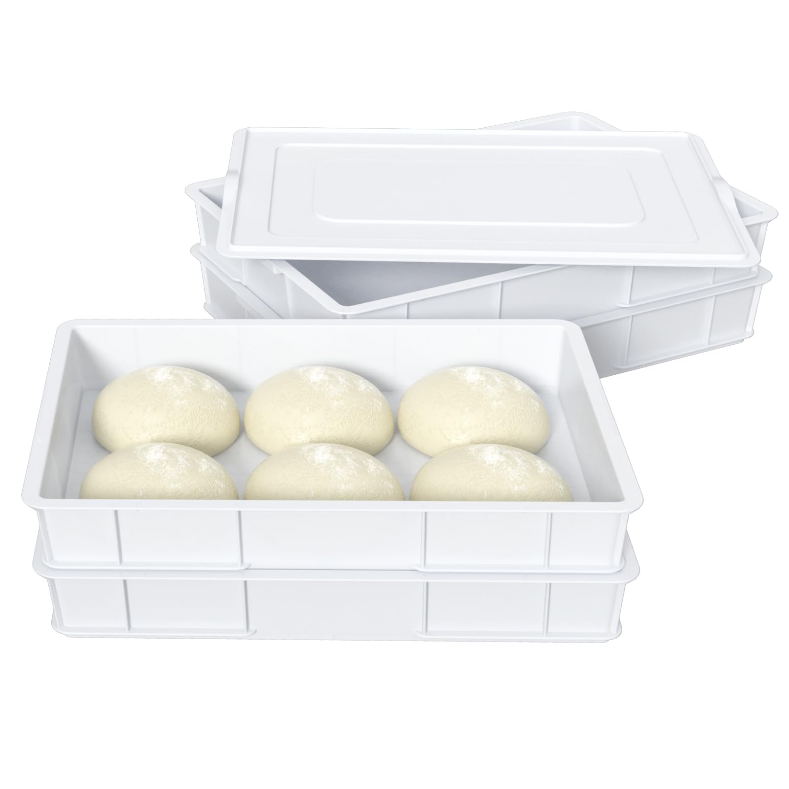 Minekkyes 4 Packs Plastic Dough Proofing Box Tray with Lid, Stackable Pizza Dough Container, White