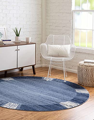 Image of Unique Loom Del Mar Collection Area Rug- Transitional Inspired with Modern Contemporary Design(4' 1 Round, Navy Blue / Ivory)