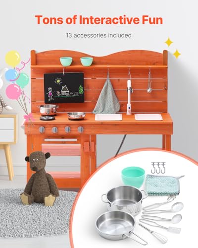Image of VEVOR Wood Outdoor Play Kitchen for Kids, 41.3in Extra-Wide Design with Realistic Stoves, 2 Removable Sinks, Upgraded Faucet, Blackboard & Cookware Pots, Outdoor Mud Kitchen for Boys & Girls