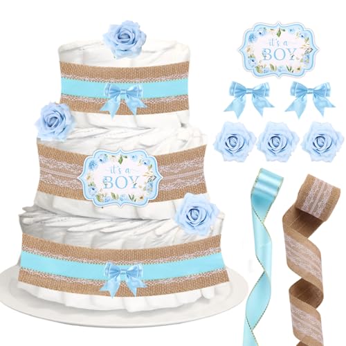 CORNER LACE Baby Shower Diaper Cake Decorations Blue, Birthday Party Diaper Cake Supplies, Include Ribbon, Bow Tie, Cake Cards, Artificial Flowers(Diapers Not Included)