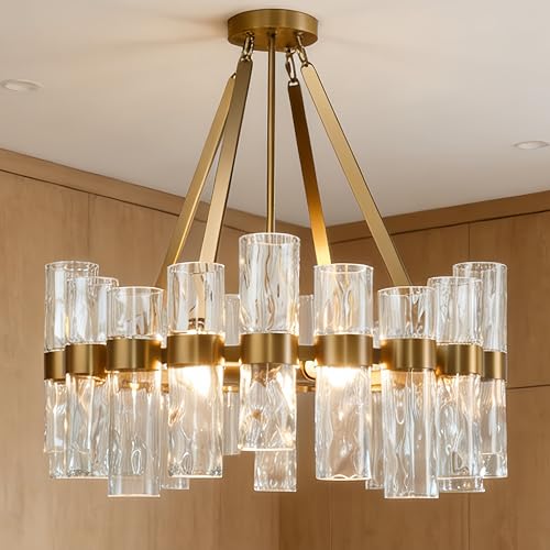 24 Inch Wagon Wheel Chandelier with Water Ripple Recycled Glass Tubes, Industrial Modern Round Brass Pendant Light, Metal Frame Ceiling Fixture for Living Room, Foyer, Dining Room