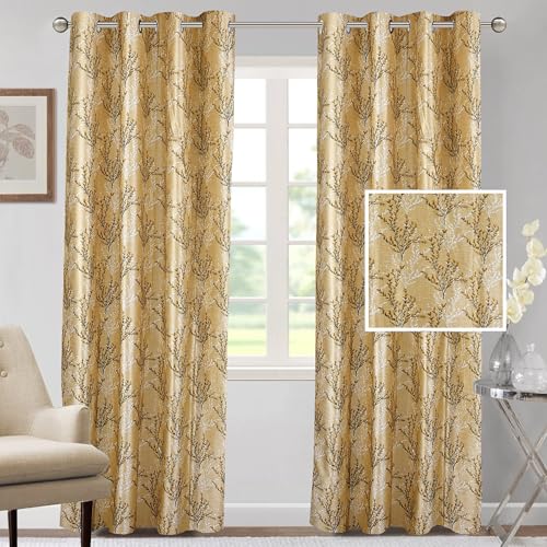 Image of Cortina Polyester 75% Blackout Curtains Set of 2 Floral Print | Grommet Eyelet Window Curtains for Living Room, Bedroom & Kids Room | Light Filtering Drapes for Privacy (Yellow, 9 FT)