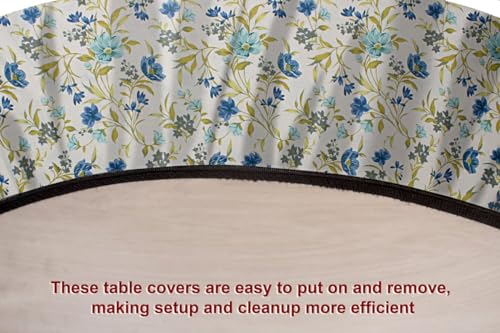 Image of The Furnishing Tree Elastic Cotton Round Center Table Cover 24x24 in Inches Floral Blue Leaf on offwhite Base