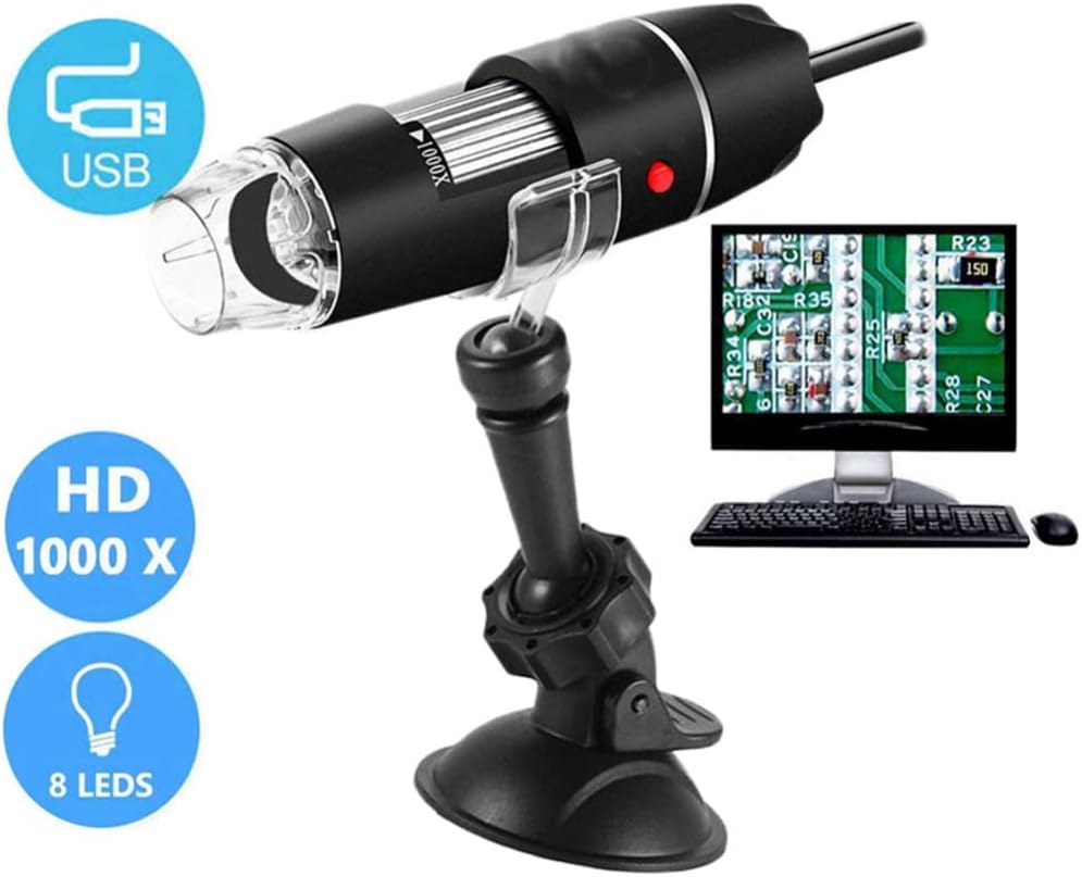 Hemobllo Digital Microscope 40x-1000x Handheld Miniscope with 8 Lights for Inspection