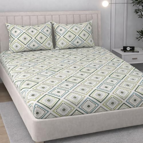 Image of Cotton Feel King Size Flat Bedsheet for Double Bed (90 x 100 Inches | 230 x 250 cm) with 2 Pillow Covers | Soft & Smooth Printed Bedsheet for Daily Use (Emerald, King Bed-90x100)