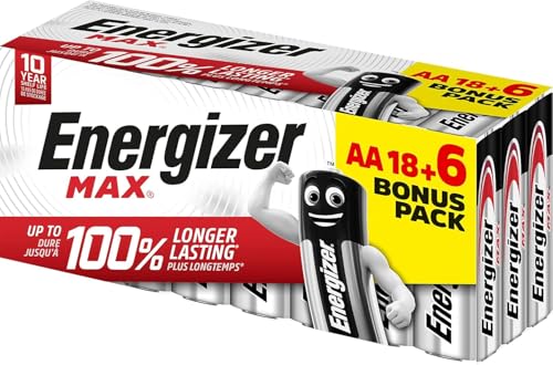 Energizer Max, Pack de 18+6 Pilas AA, Larga duración para Uso Cotidiano, sin sulfataciones y con 10 años de Vida útil