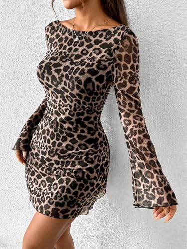 WDIRARA Women's Y2k Leopard Print Dress Mesh Bell Long Sleeve Backless Mini Dresses3