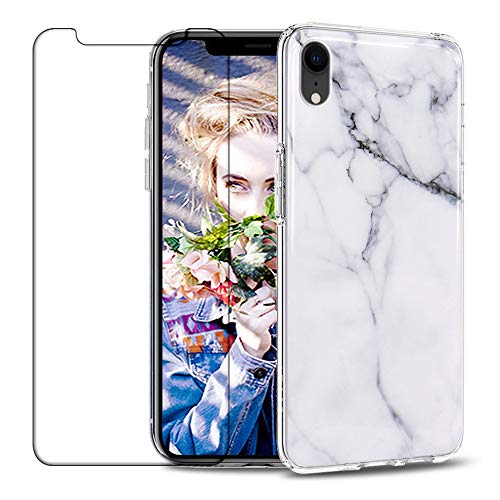 Coque Compatible avec iPhone XR, Élégant Marbre Motif Silicone Housse, Ultra-Mince Anti Choc Souple TPU Protection Etui + 9H HD Verre Trempé [Anti Rayures] [Anti-Slip] - Blanc