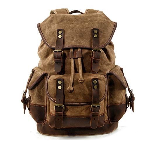 WHCQ Mens echtes Leder-Waxed Canvas Rucksack-Schulter-Rucksack, Vintage-Mountaineering Reisetasche, Heavy Duty, wasserdicht, übergroße Hoch geräumige Tasche für Reisen, Outdoor, Weekender,Khaki Cover