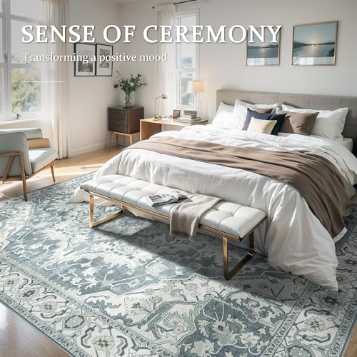 Deerly Large Washable Area Rug 8x10 for Living Room Bedroom Boho Vintage Oriental Rug for Dining Room Non-Slip Soft Low-Pile Farmhouse, Canal Blue/Multi