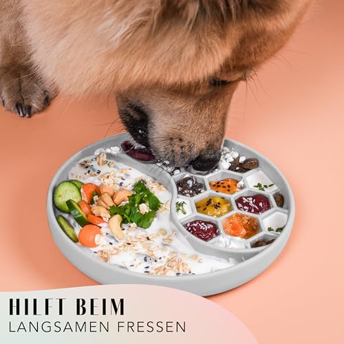 ne&no® Anti Schling Napf für Hunde und Katzen I Slow Feeder I Leckmatte Hund mit großem Saugnapf I Schleckmatte Katze für Nassfutter und Trockenfutter (Stone Grey)