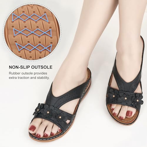 Ecetana Womens Sandals Dressy Summer Comfortable Slides with Flowers Casual Non Slip Platform Lightweight Wedge Shoes4