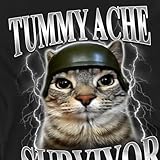 Popfunk Tummy Ache Survivor Cat T Shirt – Funny Animal Meme Tee for Men or Women, Unisex Adult, Black, Large