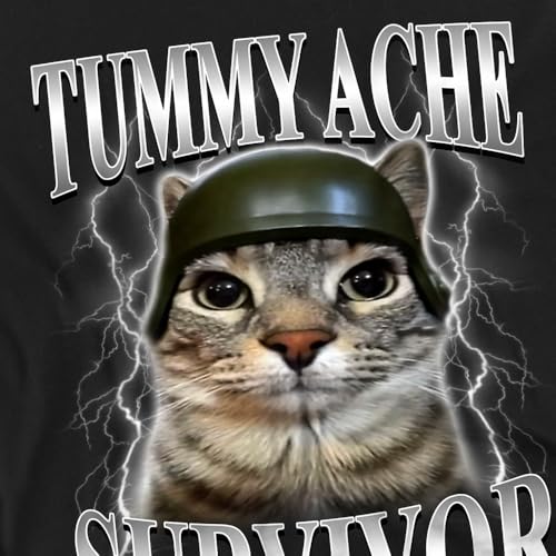 Popfunk Tummy Ache Survivor Cat T Shirt – Funny Animal Meme Tee for Men or Women, Unisex Adult, Black, Large
