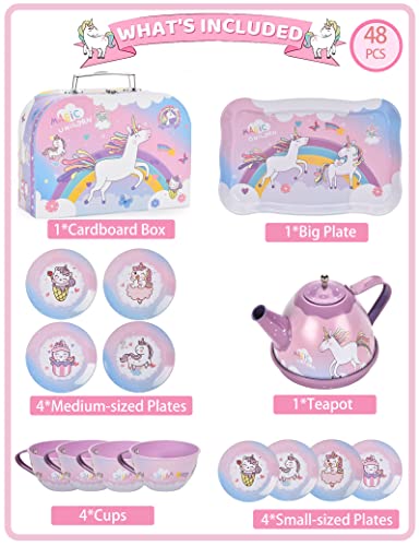 Lajeje Kids Tea Party Set For Little Girls, Gift For Age 3 4 5 6 Year Old , Princess Unicorn Tea Set Toy For Little Girls, Kids Kitchen Pretend Toy With Tin Tea Set, Desserts & Carrying Case, 48Pcs #TOP4