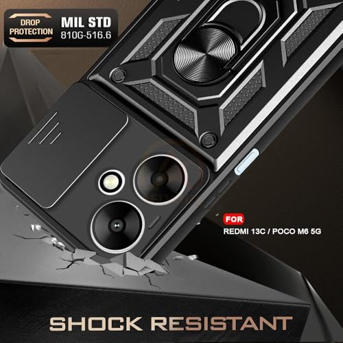 Image of Armor Bumper Back Cover Case for Redmi 13C 5G / Poco M6 5G Rotating Camera Cover, Ring Holder & Kickstand | Heavy Duty & 360 Degree Protection Redmi 13C 5G / Poco M6 5G Back Cover (Black)