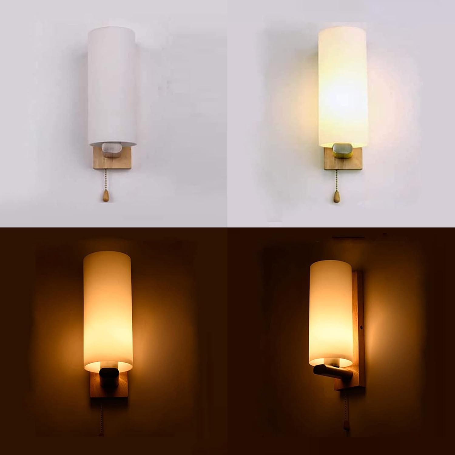 Modern Wandleuchte mit Zugschalter Glas Lampeschirm Wandlampe mit Schalte Holz & Glas Lampeschirm Rund Wandleuchten Lampe Innen Beleuchtung Wohnzimmerlampe Flur Schlafzimmer Leuchten