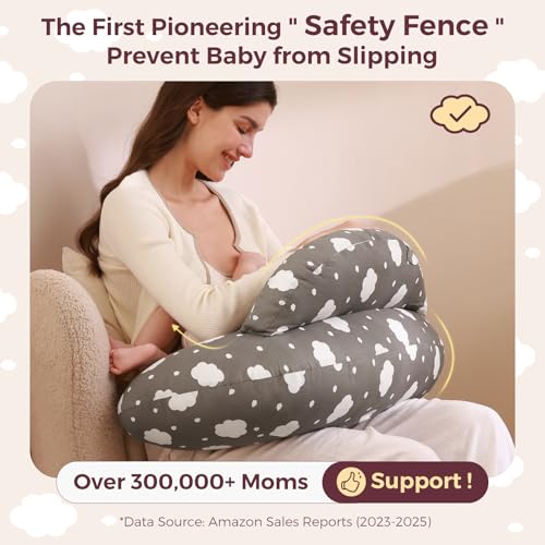 momcozy original nursing pillow for breastfeeding-pioneering safety fence- wider feeding pillows for more support for mom amp baby- easier nursing amp hand free- fit for all removable cotton cover