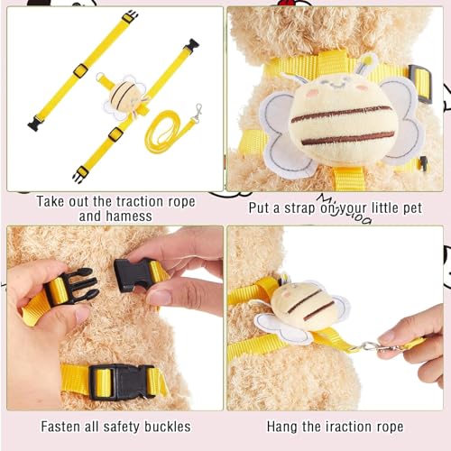 Image of 4 Sets Leash Set Small Pet Cute Vest Harness Leash and Adjustable Bunny Rabbit Harness with Decoration for Bunny Ferret Small Pets(Bees)