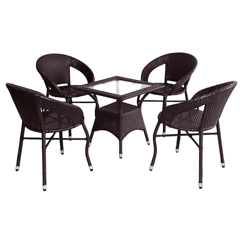 Image of Amazon Brand - Solimo Rattan Wicker 4 Seater Patio Seating Set | 4 Chair and 1 Square Glass Topped Table Set | Coffee Table Furniture for Balcony, Garden, Terrace, Indoor, Outdoor Use (Dark Brown)