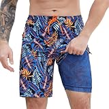 Mens Swim Trunks with Compression Liner Hawaiian Leaf Board Shorts 9 inch Quick Dry Swimming Shorts with Zipper Pockets