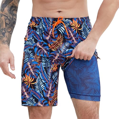 Mens Swim Trunks with Compression Liner Hawaiian Leaf Board Shorts 9 inch Quick Dry Swimming Shorts with Zipper Pockets