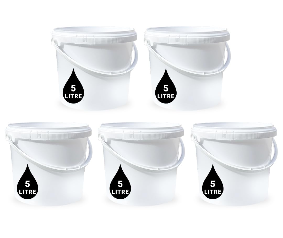 5 x 5L Plastic Bucket Pail + Handle & Lid - Heavy Duty ¦ Food Grade BPA Free ¦ Multi-use Fermentation Feed Dry Food Liquid Chemicals Hydroponics Storage Container WHITE