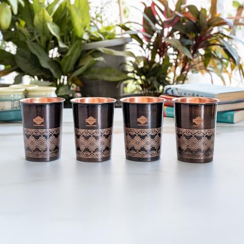 Image of INDIAN ART VILLA Copper Antique Dark Embossed Drinking Glass, Pure Copper Ayurvedic Water Tumbler for Home, Office, Restaurant Use, Traditional Drinkware Gift Item, 275 ML, Set of 4