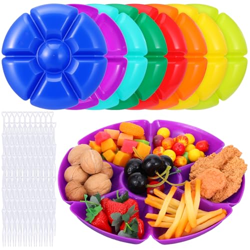 Kegeeei 8-Pack Plastic Divided Serving Trays with 100 Forks, 7-Compartment Round Chip & Dip Plates, 10.4\" Snack Platters for Party, Candy, Nuts, Fruits (8 Vibrant Colors)